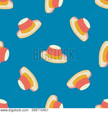 Bright Vector Summer Hat Seamless Pattern Background. Hand Drawn Women Sun Hats On Warm Blue Backdro