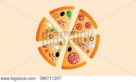 Pizza With Toppings On A Pink Background, Vector Illustration. A Lot Of Pizza Slice With Different T