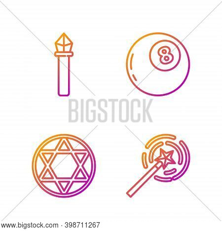 Set Line Magic Wand, Star Of David, Magic Staff And Magic Ball Of Predictions. Gradient Color Icons.