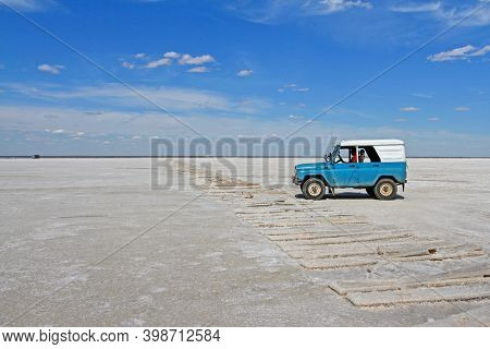 Baskunchak, Astrakhan Region, Russia - July 28, 2020: Jeep Rides Across Salt Lake Baskunchak