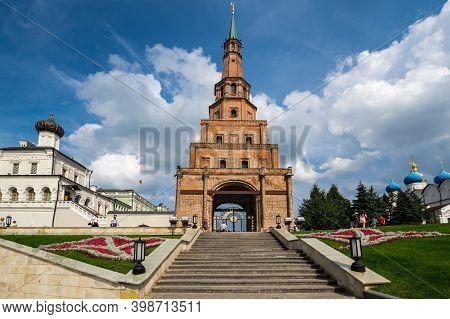 Kazan, Russia - July 15, 2018: Leaning Tower Syuyumbike, Also Called The Khan's Mosque, Is Probably 