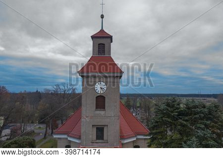 Iłowa, Town In Poland, Parish Church, View From The Drone.\niłowa, A Small Town In Western Poland. T