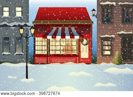 Vector Illustration Winter City Street With Soft Street Lights In The Night In Snow Fall With Red Ch