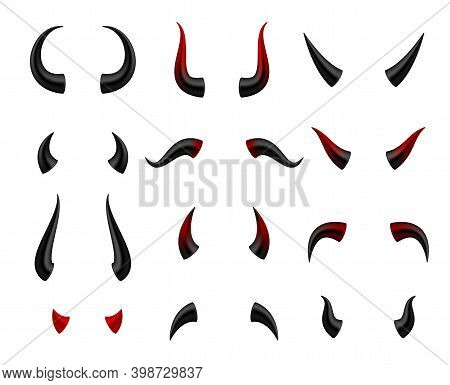 Horns Of Devil, Bull, Cow, Buffalo Realistic Set. Costume Accessories For Celebration Of Halloween.