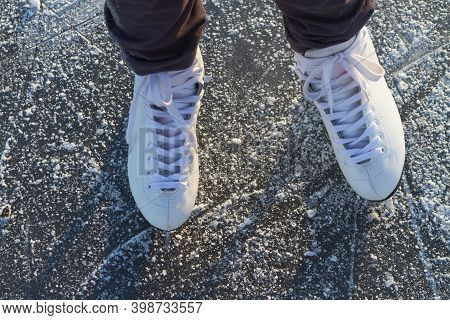Man, Boy, Girl In White Skates Loya Figure Skating Stands On The Ice Of A River Or Lake In Winter. C