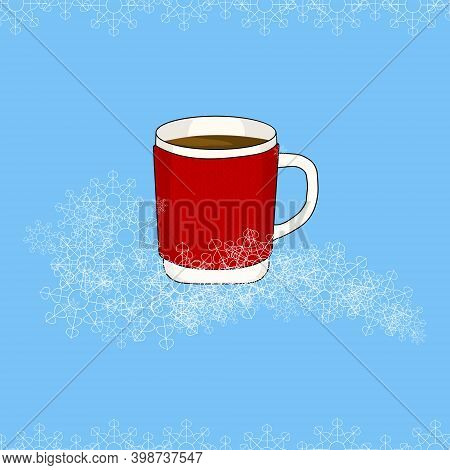 Mug Of Tea, Of Coffee In A Knitted Dress On A Blue Background. Whirlwind Of White Snowflakes. Winter