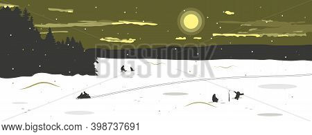 Panorama Of The Winter Landscape With A View Of The Frozen Snow-covered Lake. Fishermen Catch Fish, 