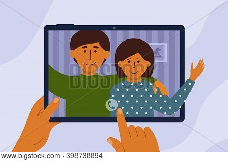 Online Video Call Seniors Parents. Hands Holding Digital Tablet. Virtual Talk, Meeting, Conference W