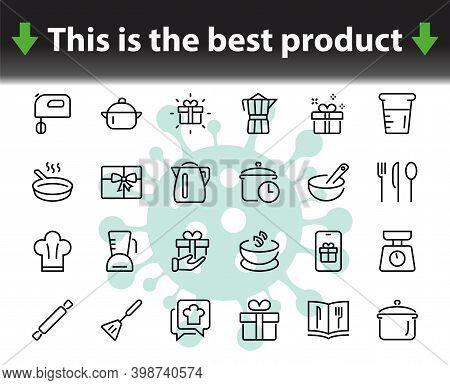 Set Of Icons For Cooking And Kitchen, Vector Lines, Contains Icons Such As A Knife, Saucepan, Boilin