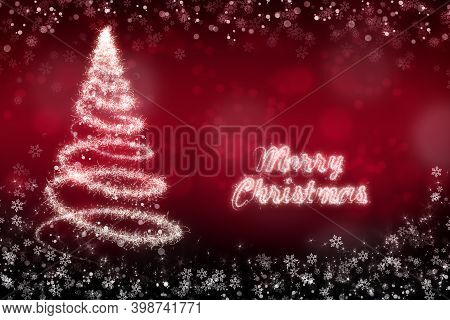 Sparkling Fir Tree Illustration, Snowflakes And Text Merry Christmas On A Dark Red Background, Holid