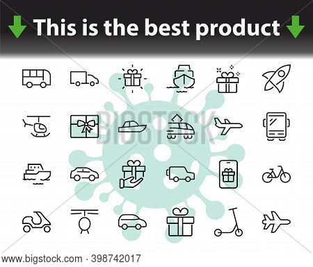 Set Of Public Transport Related Vector Line Icons. Contains Icons Such As Bus, Bike, Suitcase, Car,