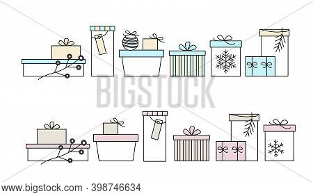 Setr Of Border With Hand Drawn Various Decorated Christmas Gift Boxes In Pink, Blue, Beige And White
