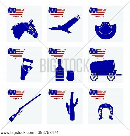 Vector Illustration Usa Set American National Symbols Horse Head, Eagle, Cowboy Hat, Holster, Cactus