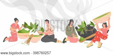 Banner With Ceremony Of Drinking Green And Matcha Tea, Flat Vector Illustration.