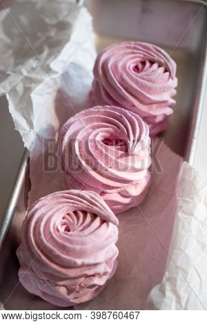 Pink Strawberry Homemade Zephyr Or Marshmallow In A Rectangular Oleum Plate. Side View, Close-up, Se