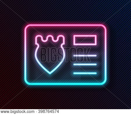 Glowing Neon Line Police Badge With Id Case Icon Isolated On Black Background. Vector