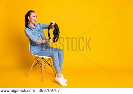 Full Size Profile Side Photo Surprised Girl Travel Drive Car Hold Steering Wheel Sit Chair Look Copy
