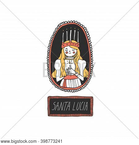 St Lucia Day Celebration Concept. Swedish Christmas Tradition. Young Girl In A Crown Holding A Candl