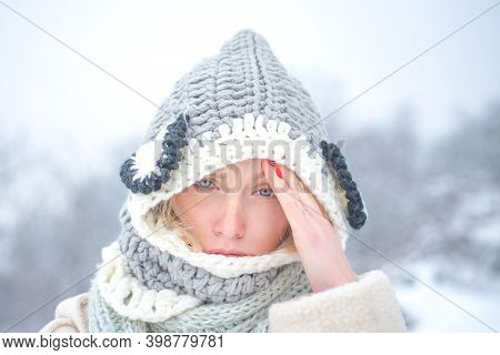 Allergy Winter Season. Woman Having Headache On Snow Background
