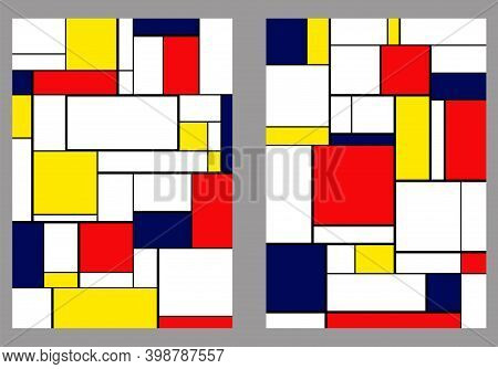 Set Of 2 Covers. Piet Mondrian Style. A4 Vertical Orientation Pages. Vector. 2 Couvertures. For Note