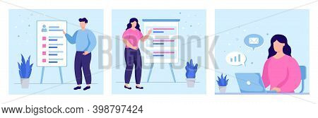 Collection Of Business Characters Businesspeople  Working In Office. Business Presentation And Commu