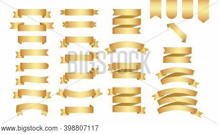 Flat Vector Ribbons Banners Flat Isolated On White Background, Illustration Set Of Gold Tape.