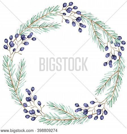 Watercolor Winter Pine Branches And Blue Berries Wreath. Christmas Holiday Frame. New Years Card Tem