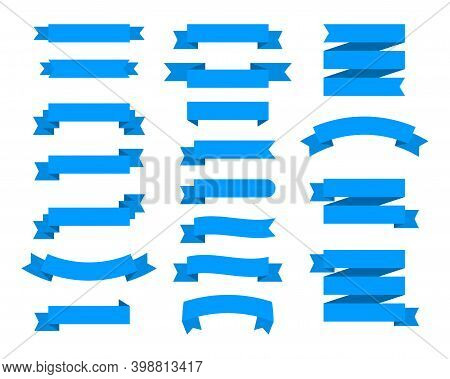 Flat Vector Ribbons Banners Flat Isolated On White Background, Illustration Set Of Blue Tape