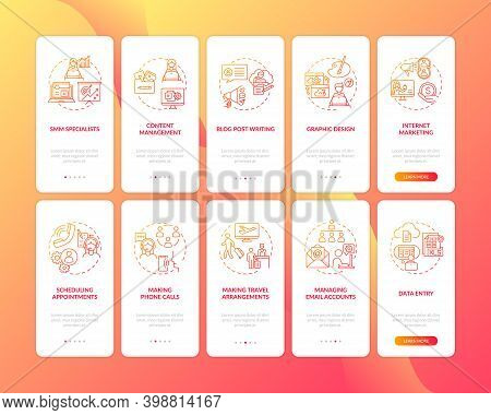 Virtual Assistant Work Red Onboarding Mobile App Page Screen With Concepts Set. Freelance Job Walkth