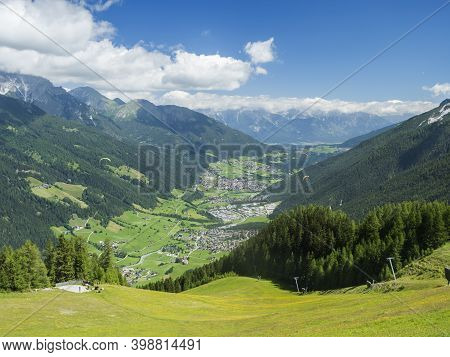 View Over Green Stubai Valley And Neustift Im Stubaital Village From Elferhutte With Moutain Peaks A