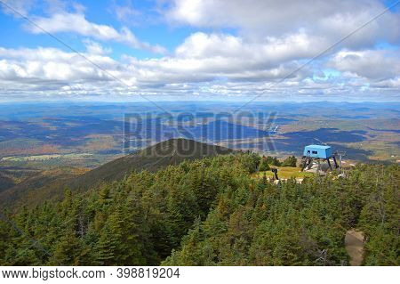 Franconia Notch With Fall Foliage And Mount Lafayette Aerial View From Top Of The Cannon Mountain In