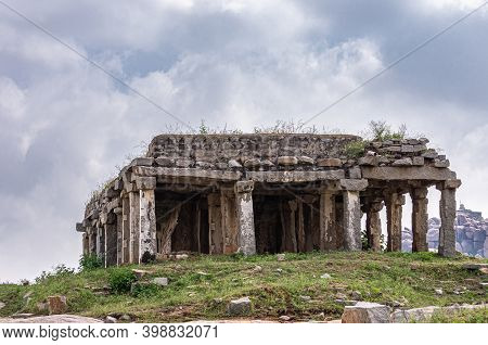 Hampi, Karnataka, India - November 4, 2013: Virupaksha Temple Complex. Closeup Of Hall Of Moola Ruin