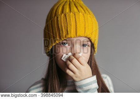 Little Girl Blows Her Nose, Allergy, Flu Virus, Headache.