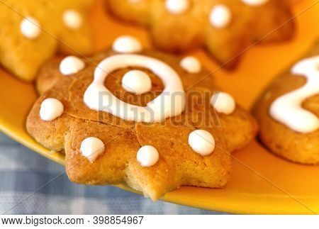 Closeup Gingerbread Cookies For Christmas Holiday. Holiday Concept