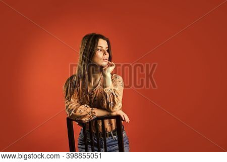Confident In Her Style. Lost In Her Thought. Feeling Loneliness. Lonely Woman Sit On Chair. Phycolog