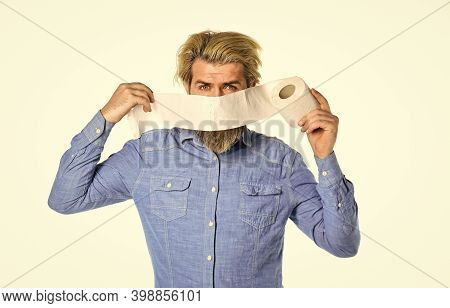 Typical Morning Routine. Buy Toilet Paper Roll. Hipster With Stomach Issues Holding Toilet Paper. So