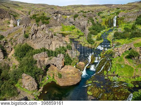 Hjalparfoss; Iceland - July 29, 2017: Scenic Landscape Of Hjalparfoss On The South Of Iceland