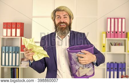 Vile Work. Man Look For Lost Document. Digging In The Trash. Rummaging Through The Papers. Office Wo