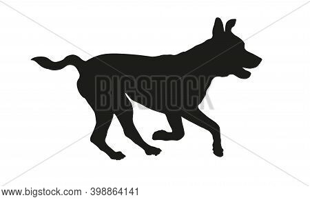 Black Dog Silhouette. Running American Pit Bull Terrier Puppy. Isolated On A White Background. Vecto