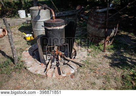 Details With A Homemade Alcohol Metal Still Made To Distill Romanian Traditional Moonshine Tuica Or 