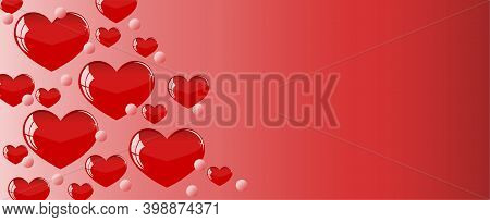Valentines Day Red Gradient Background With Decoration Of Hearts In Glass Style And Pink Dots, With 