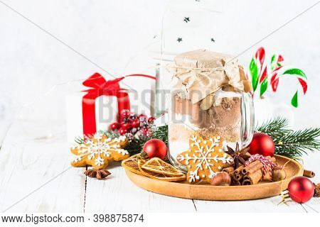 Cookies In The Jar. Ingredients For Christmas Baking. Idea For Christmas Present.