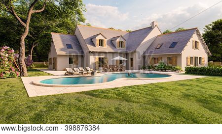 3D rendering of a classical house with pool and garden