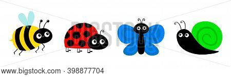 Bee Bumblebee, Butterfly, Snail Cochlea, Lady Bug Ladybird Flying Insect Icon Set. Cute Cartoon Kawa