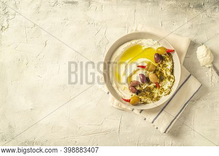 Popular Middle Eastern Appetizer Labneh Or Labaneh, Soft White Goat Milk Cheese With Olive Oil, Hyss