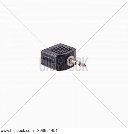 Mini Jack Adapter With Single To Double Output, Isolated On White Background. Close Up