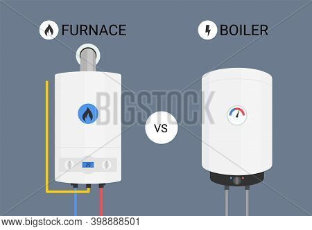 Furnace And Boiler. Gas And Electric Water Heaters. Vector
