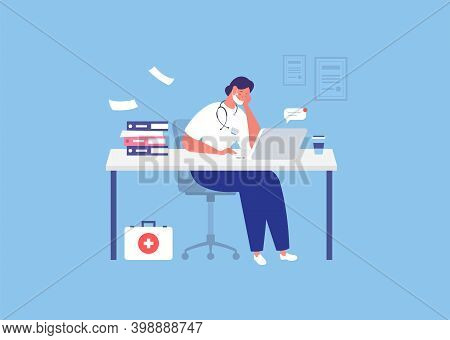 Stressed Doctor Sitting With Laptop In Office. Overworked Doctor. Burnout. Vector