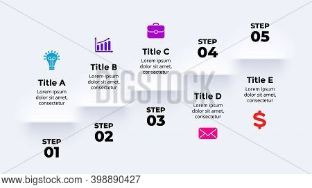 Neumorphic Vector Infographic. Presentation Slide Template. Shadows Stairs. 5 Steps Up. Neumorphism 