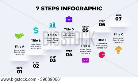 Neumorphic Vector Infographic. Presentation Slide Template. Shadows Stairs. 7 Steps Up. Neumorphism 